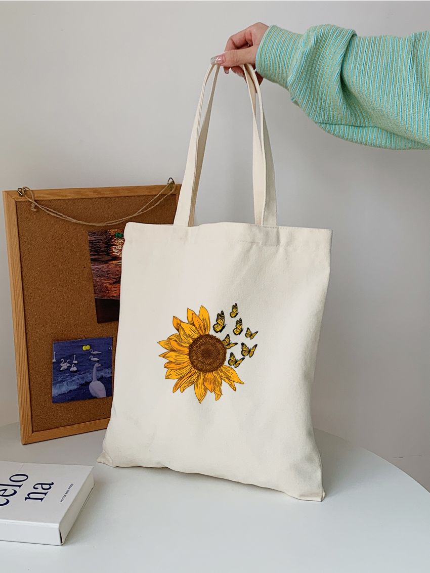 Butterfly & Sunflower Print Canvas Shopper Bag