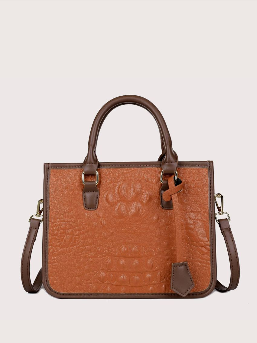 Crocodile Embossed Double Handle Square Bag With Bag Charm