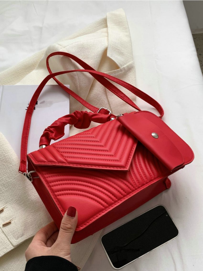 Chevron Detail Ruched Top Handle Flap Square Bag With Coin Purse