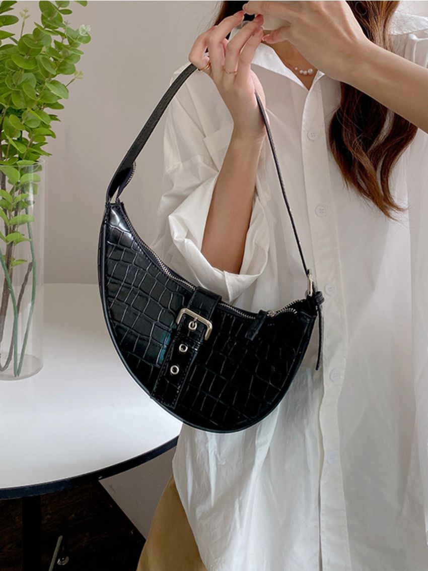 Crocodile Embossed Eyelet Detail Buckle Decor Novelty Bag