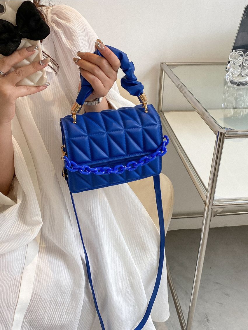 Mini Chain Decor Ruched Top Handle Quilted Flap Square Bag