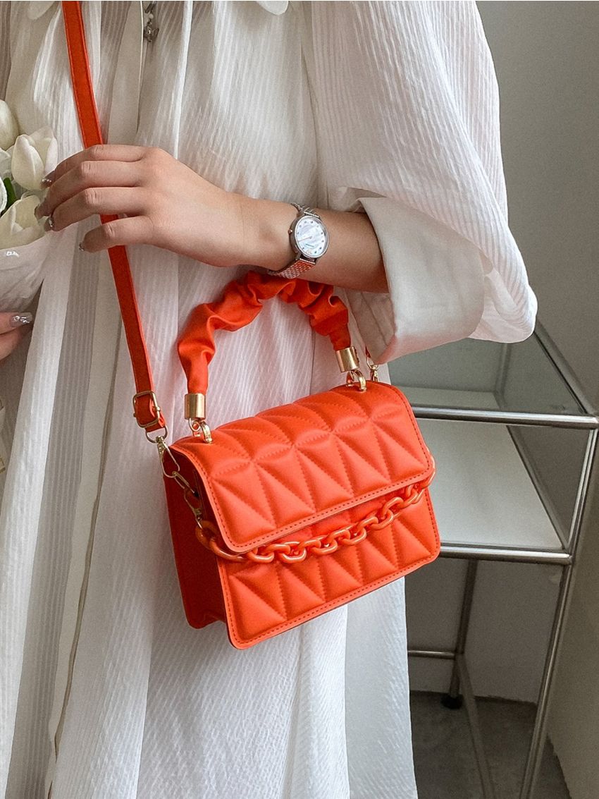 Mini Chain Decor Ruched Top Handle Quilted Flap Square Bag