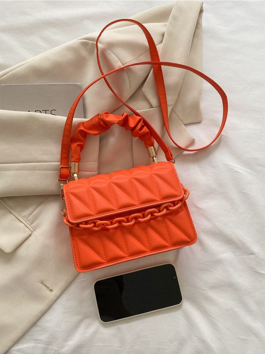 Mini Chain Decor Ruched Top Handle Quilted Flap Square Bag