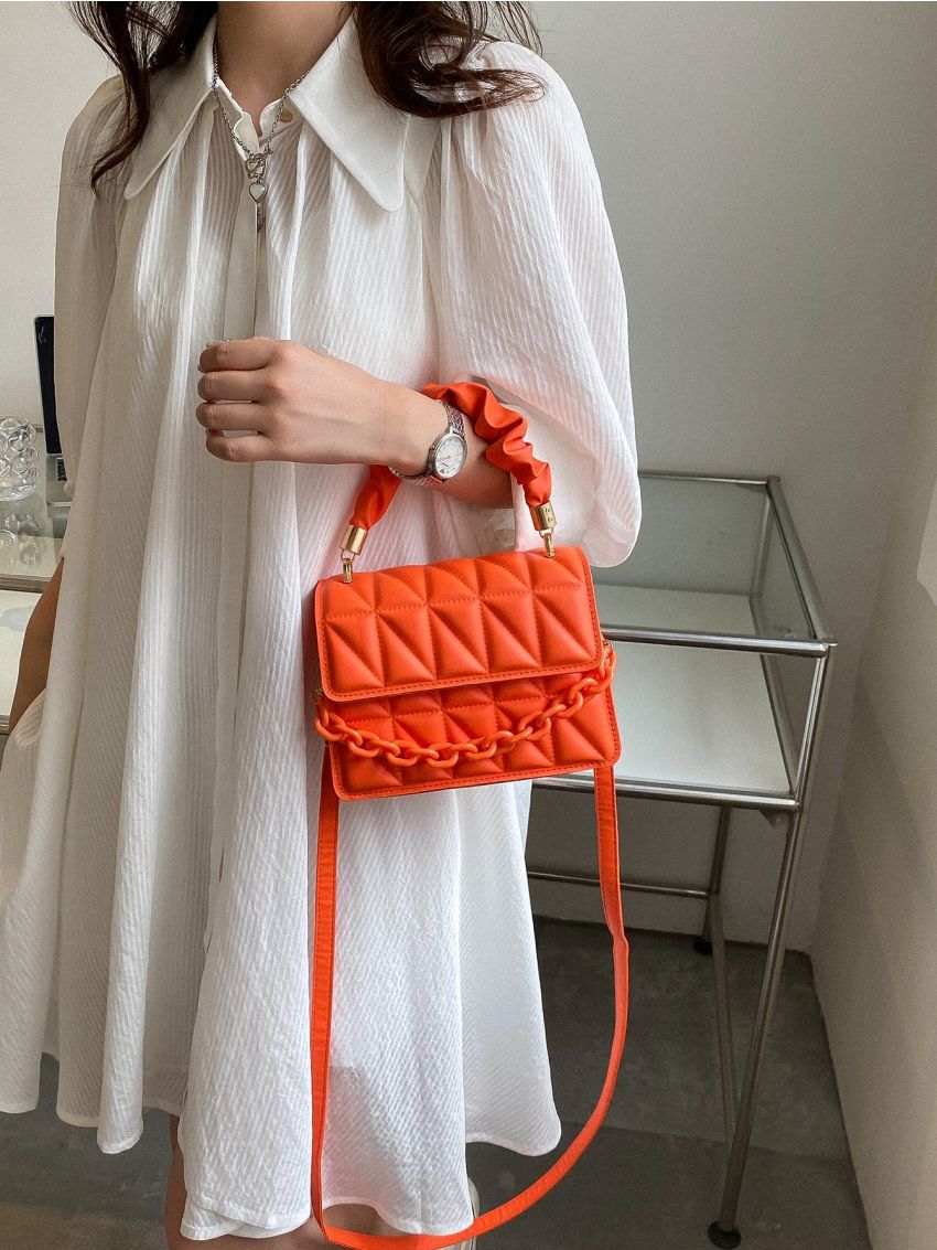 Mini Chain Decor Ruched Top Handle Quilted Flap Square Bag