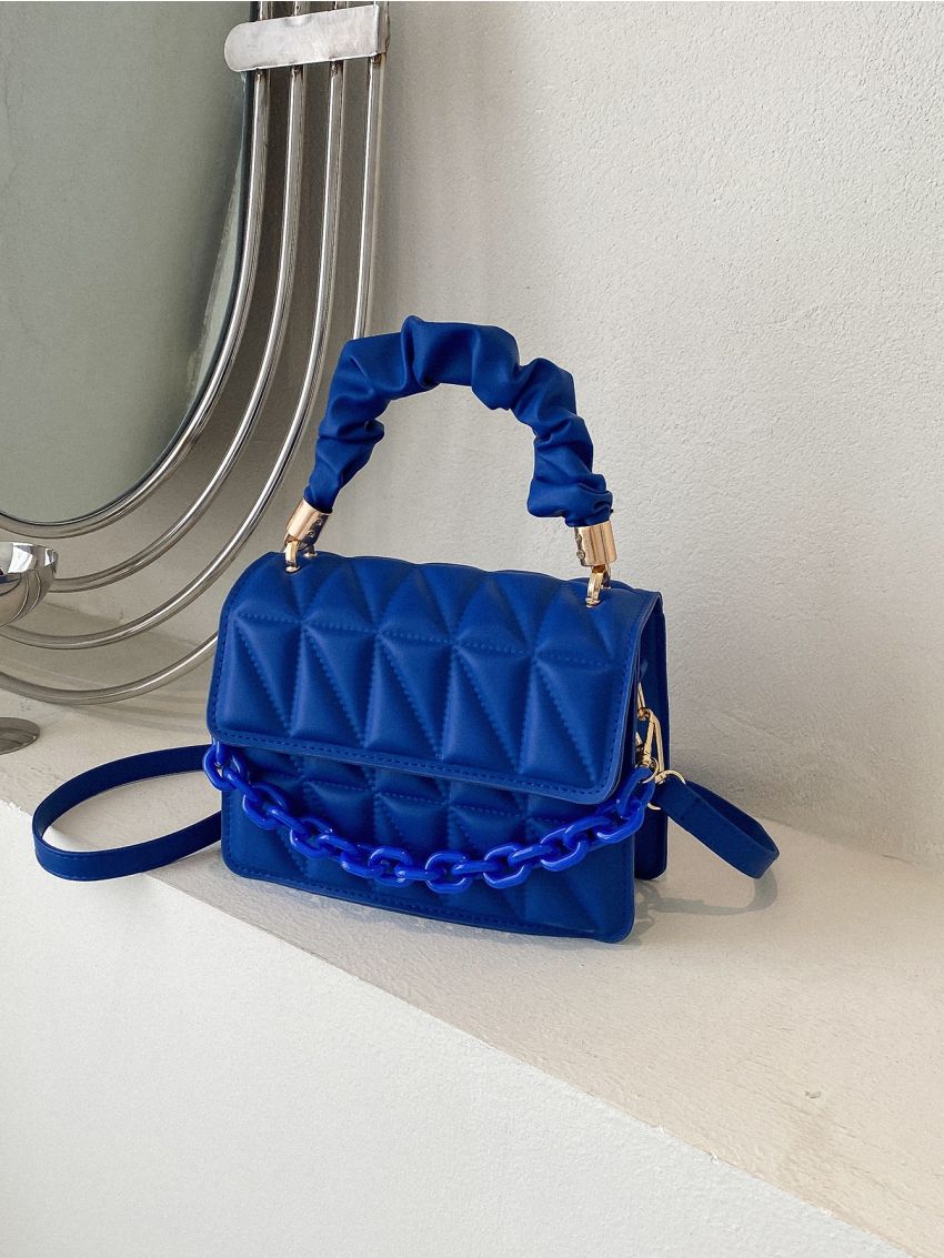 Mini Chain Decor Ruched Top Handle Quilted Flap Square Bag