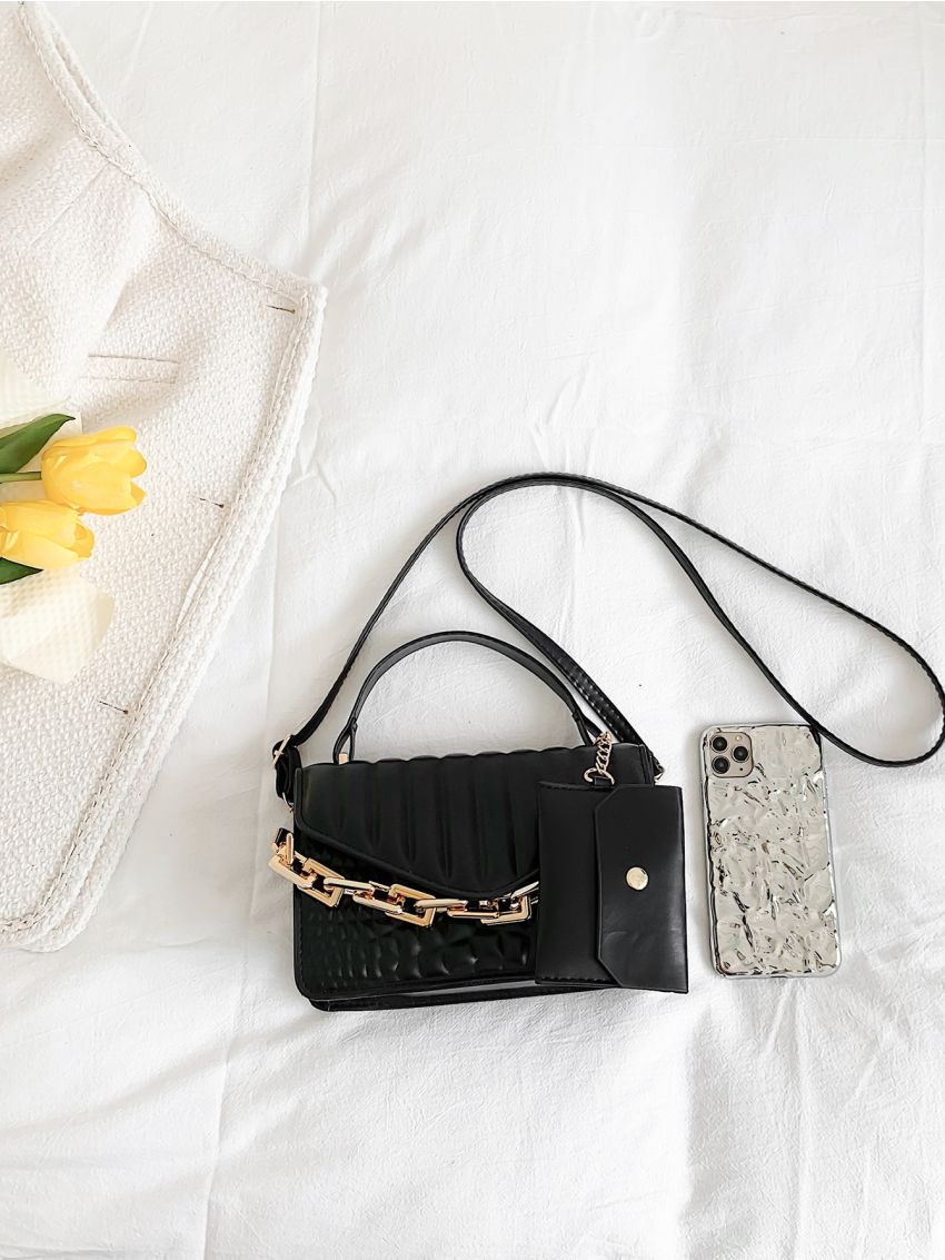 Quilted Chain Decor Flap Square Bag With Coin Purse