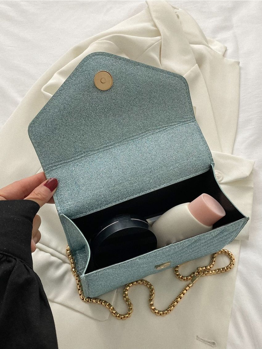 Mini Glitter Decor Chevron Quilted Flap Chain Square Bag