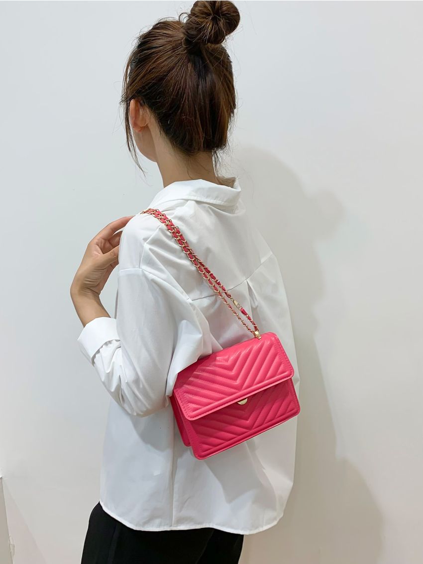 Neon-Pink Chevron Flap Square Bag
