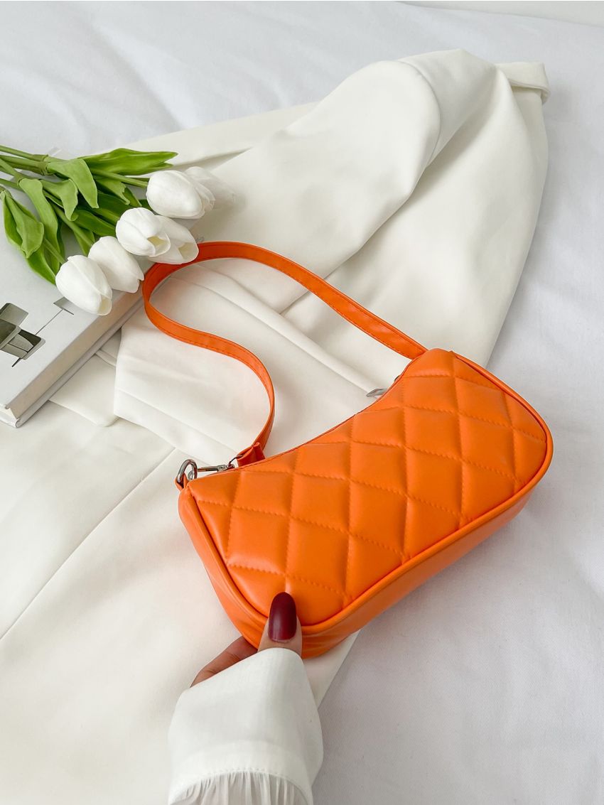 Neon-Orange Quilted Baguette Bag