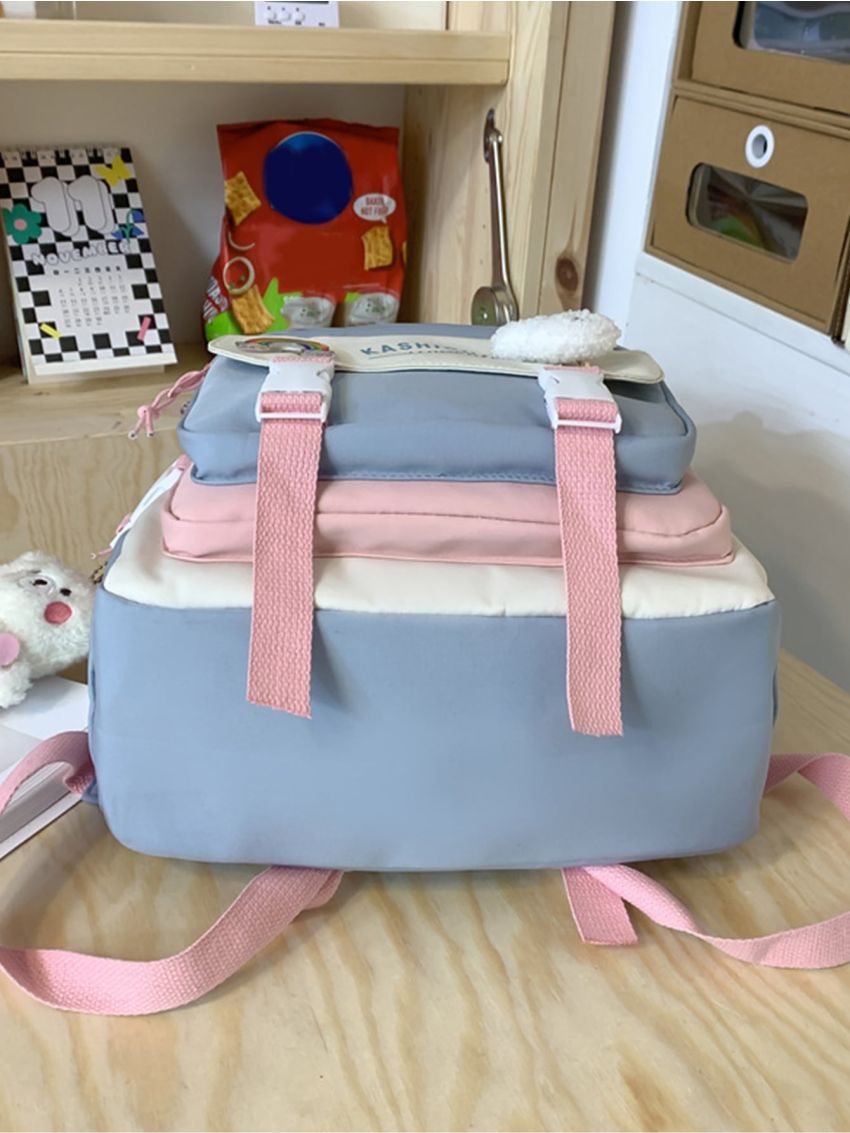 Multi-Compartment Badge Decor Colorblock Backpack