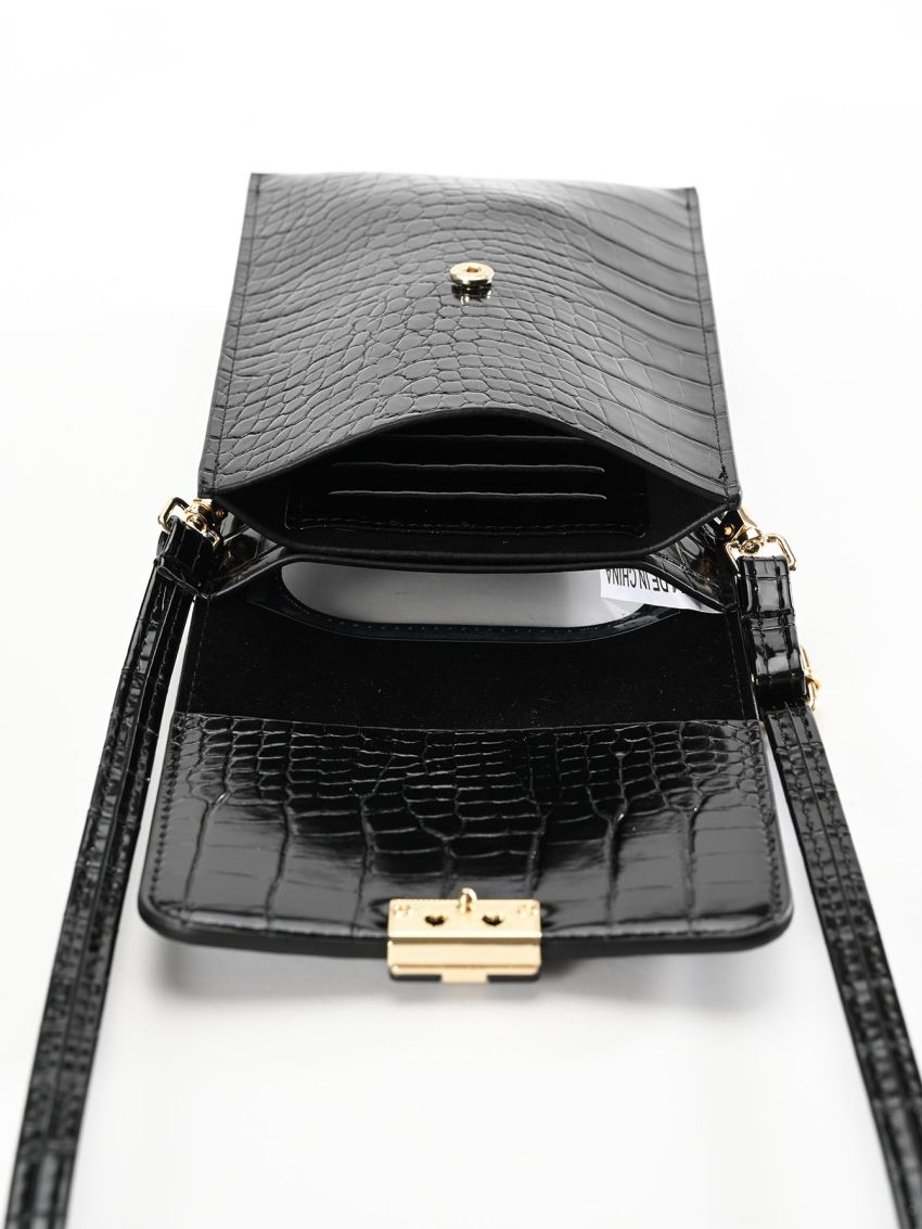 Crocodile Embossed Flap Phone Wallet Black