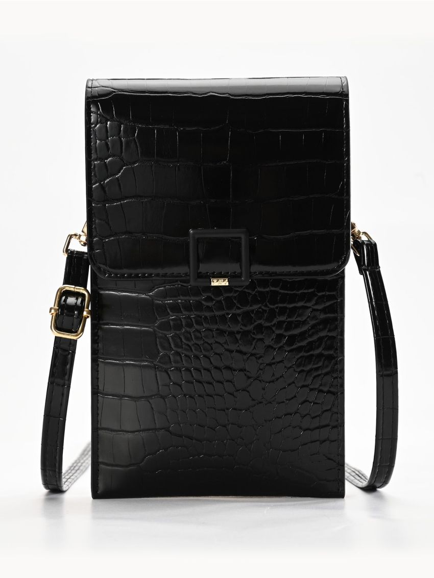 Crocodile Embossed Flap Phone Wallet Black