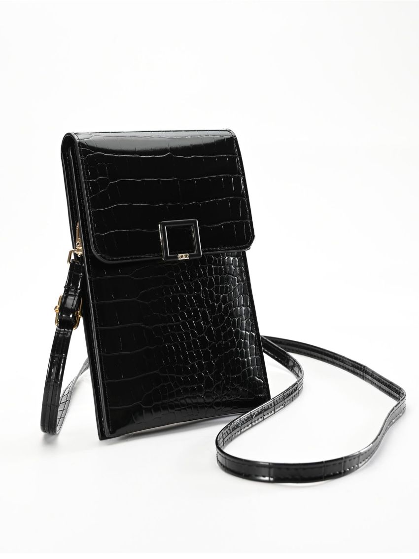 Crocodile Embossed Flap Phone Wallet Black