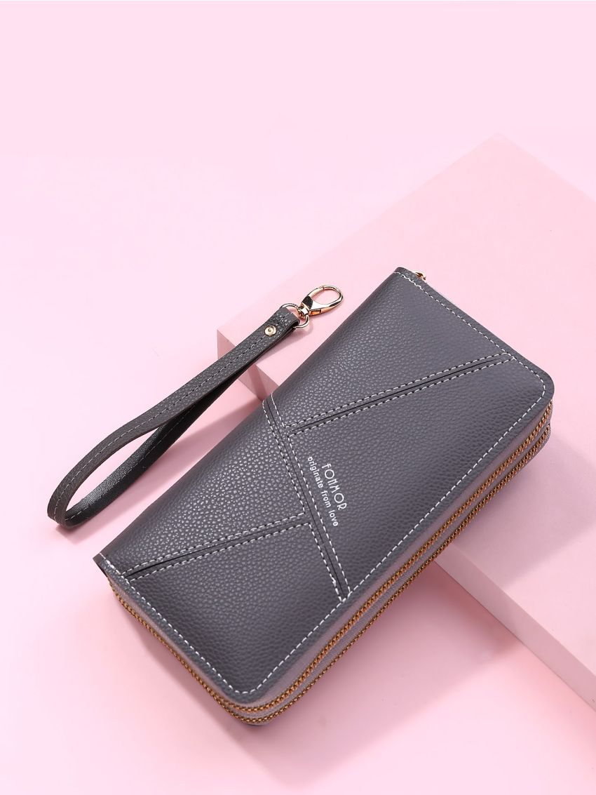 Litchi Embossed Long Wallet With Wristlet