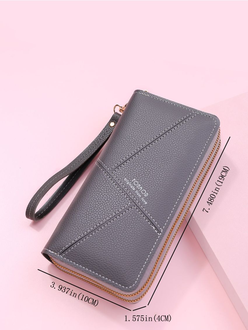 Litchi Embossed Long Wallet With Wristlet