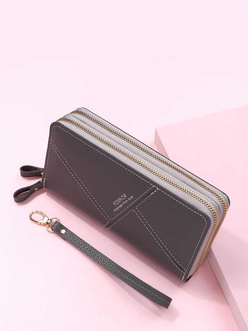 Litchi Embossed Long Wallet With Wristlet