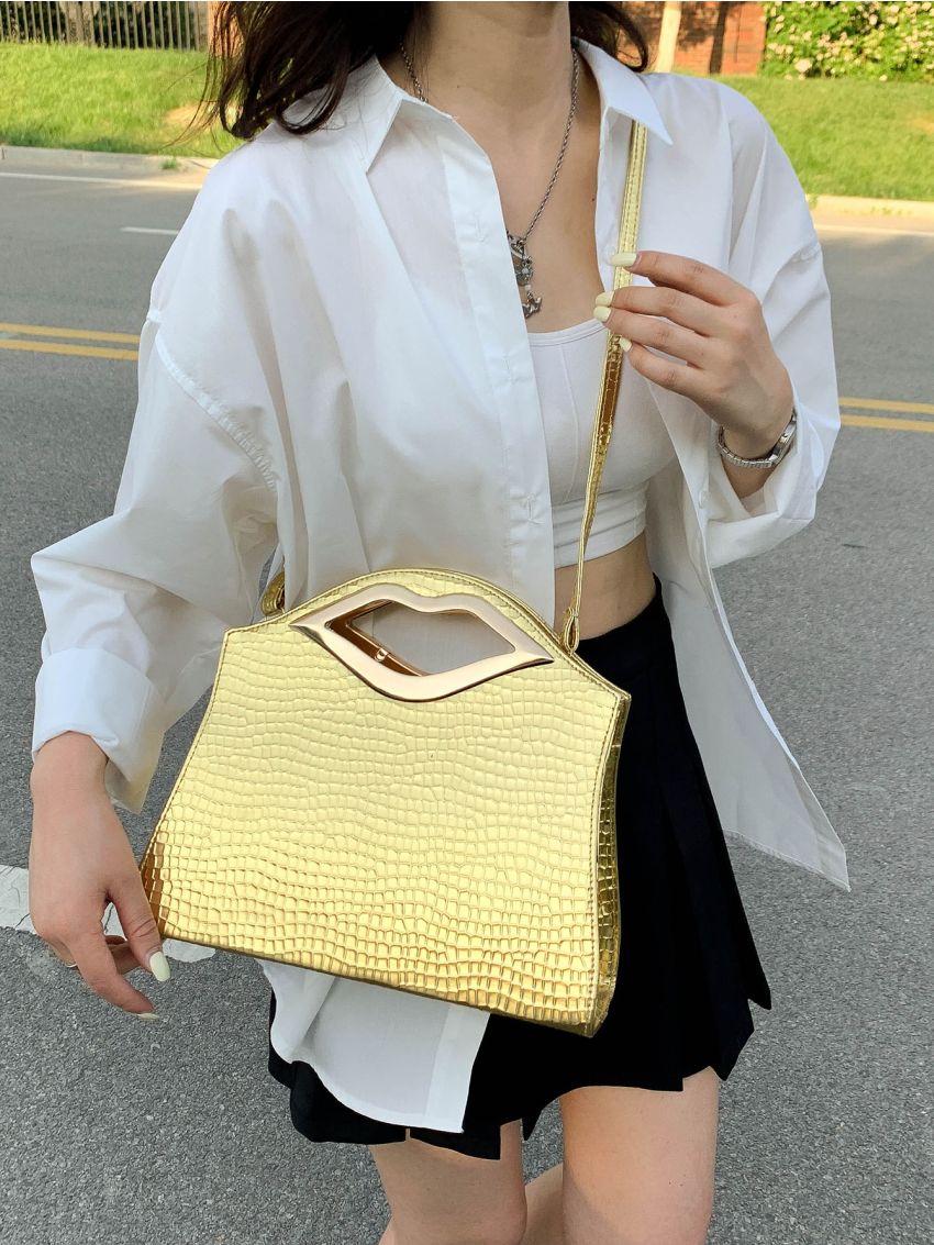 Metallic Crocodile Embossed Lip Decor Top Handle Bag