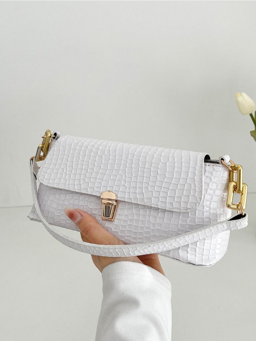 Crocodile Embossed Push Lock Baguette Bag