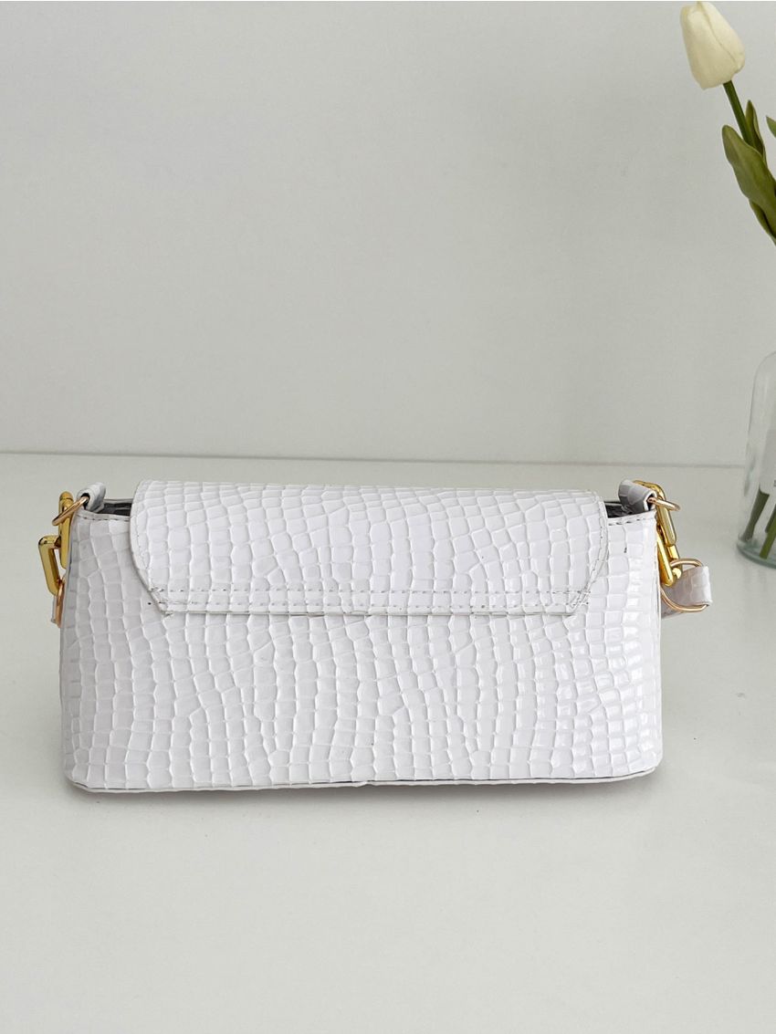 Crocodile Embossed Push Lock Baguette Bag