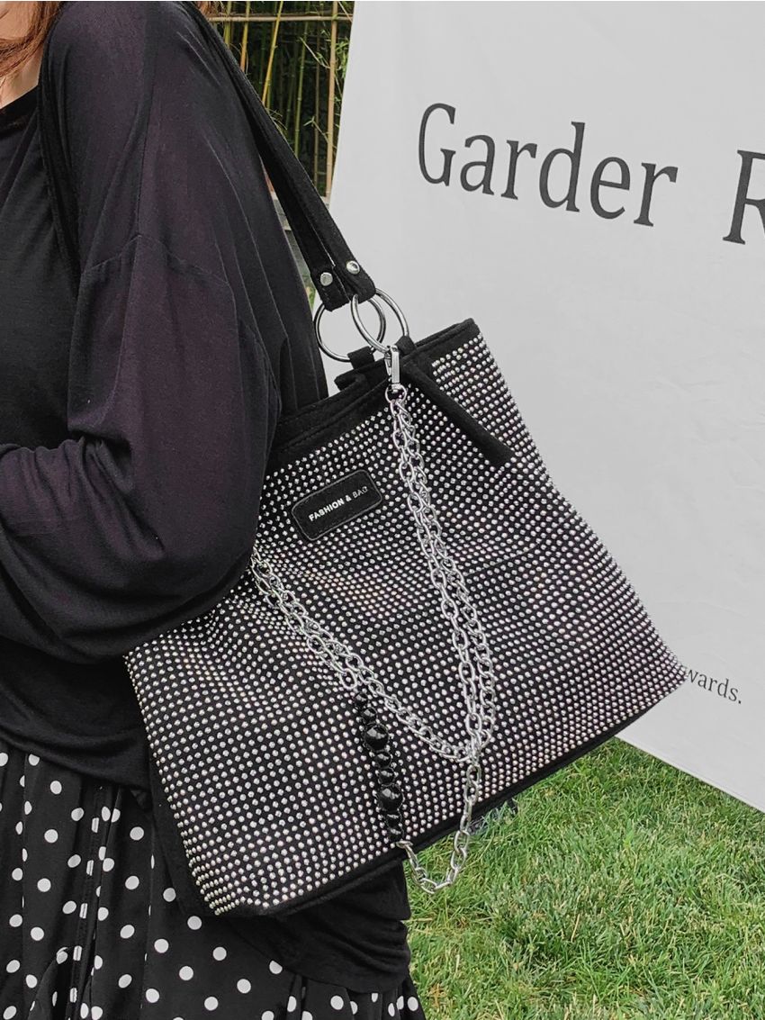Letter Graphic Rhinestone & Chain Decor Shoulder Tote Bag