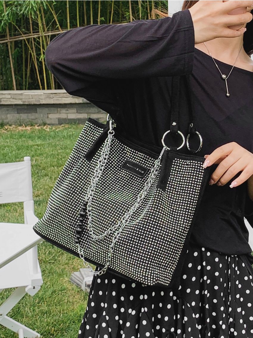 Letter Graphic Rhinestone & Chain Decor Shoulder Tote Bag