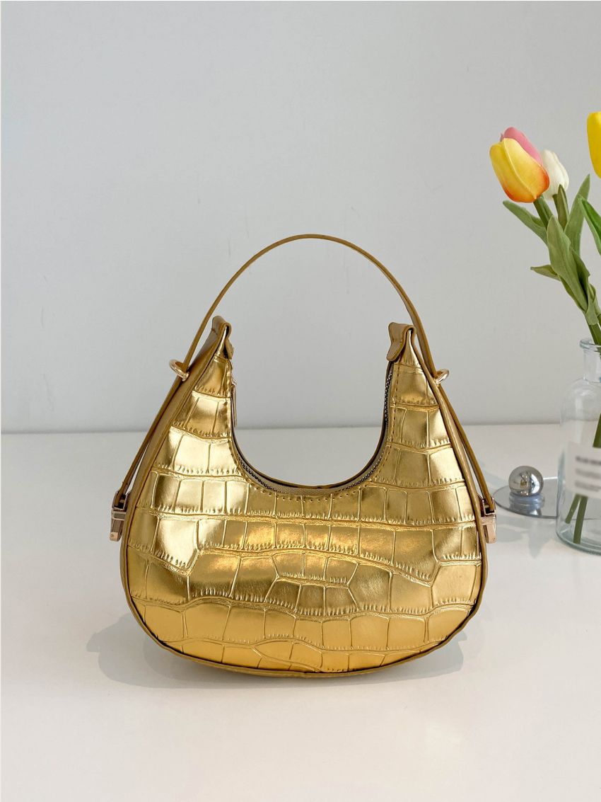 Metallic Crocodile Embossed Hobo Bag
