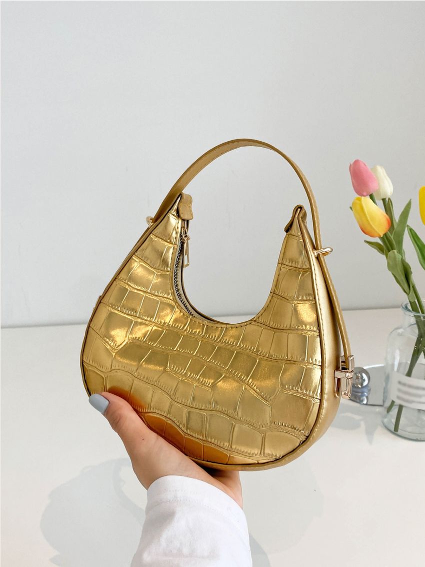 Metallic Crocodile Embossed Hobo Bag
