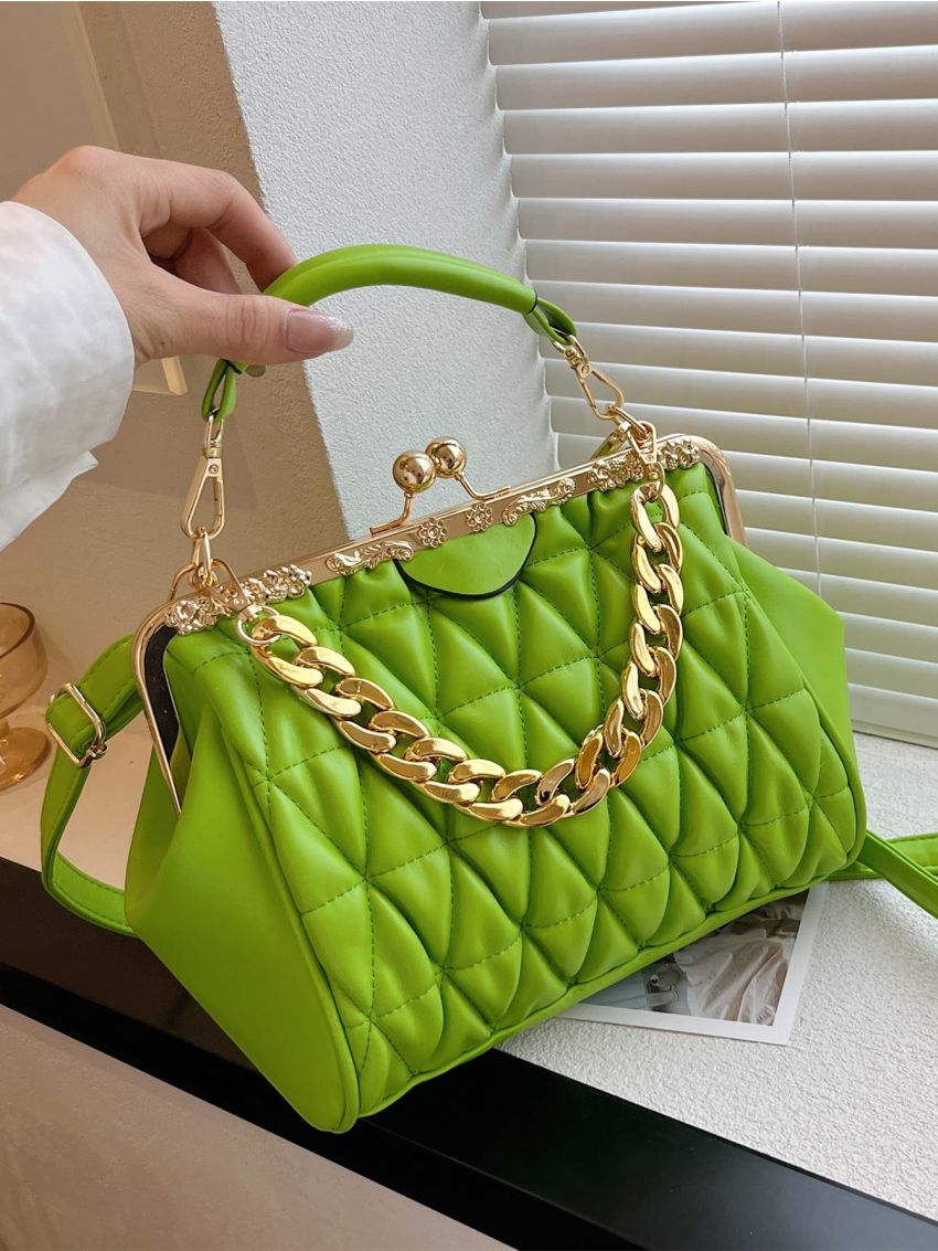 Neon-Green Quilted Chain Decor Kiss Lock Satchel Bag
