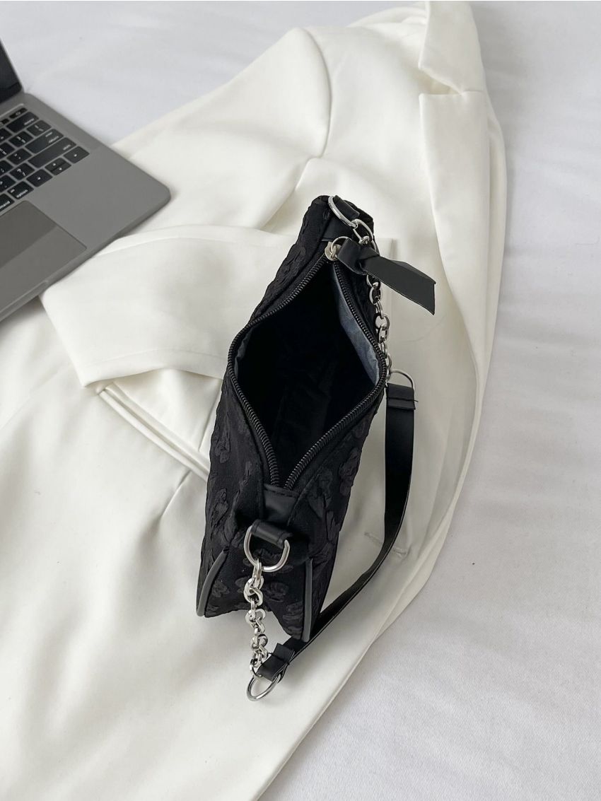 Jacquard Floral Pattern Chain Baguette Bag