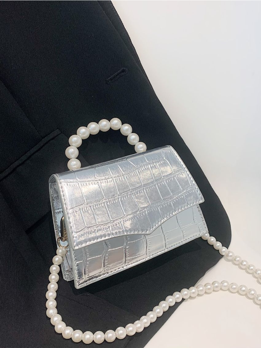 Mini Metallic Crocodile Embossed Faux Pearl Decor Flap Square Bag