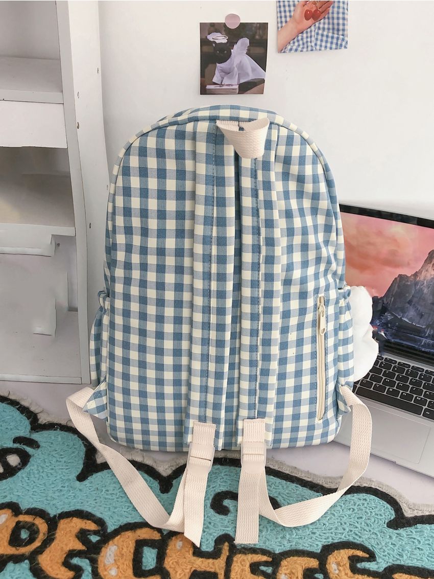 Pocket Front Gingham Pattern Backpack