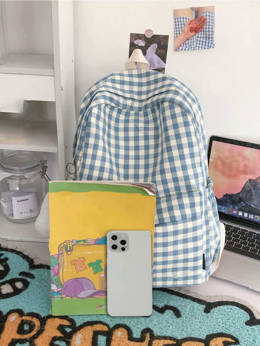 Pocket Front Gingham Pattern Backpack