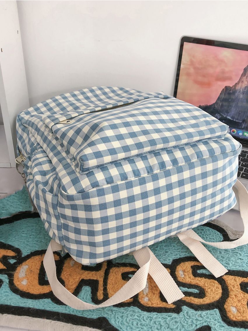 Pocket Front Gingham Pattern Backpack