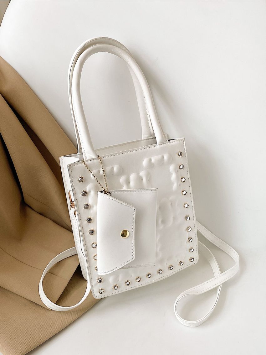 Rhinestone Decor Embossed Square Bag With Coin Purse