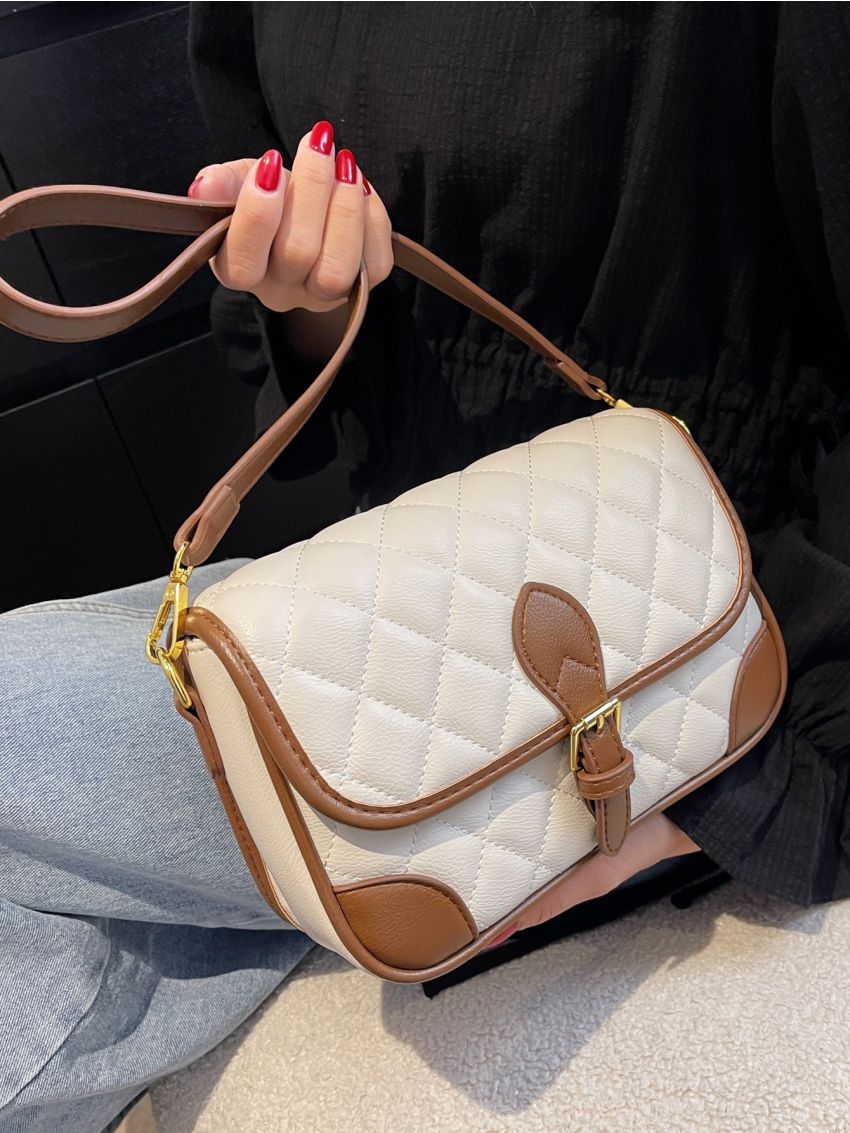 Quilted Detail Contrast Binding Flap Square Bag