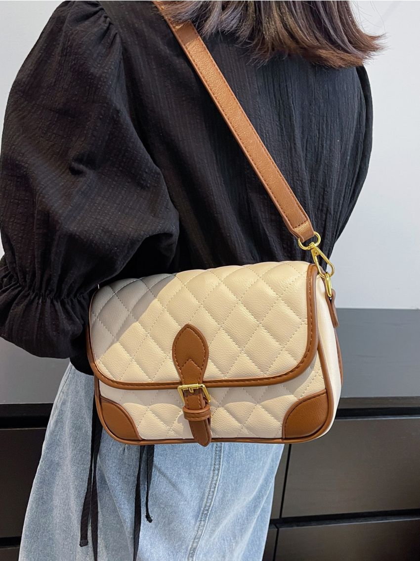 Quilted Detail Contrast Binding Flap Square Bag