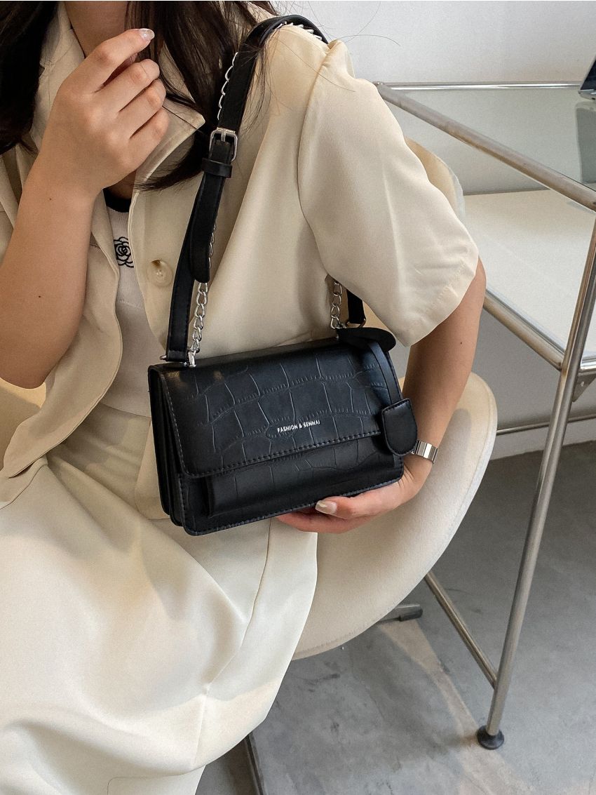 Croc Embossed Chain Shoulder Bag