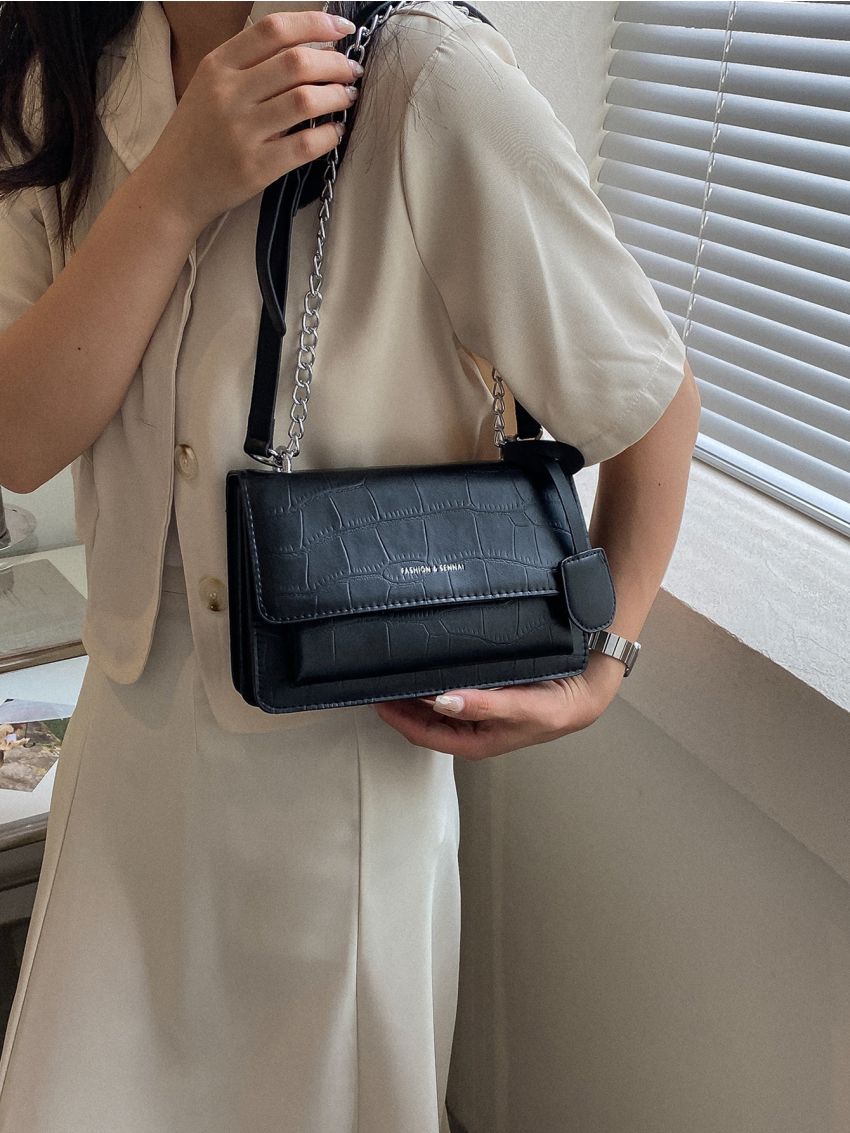 Croc Embossed Chain Shoulder Bag