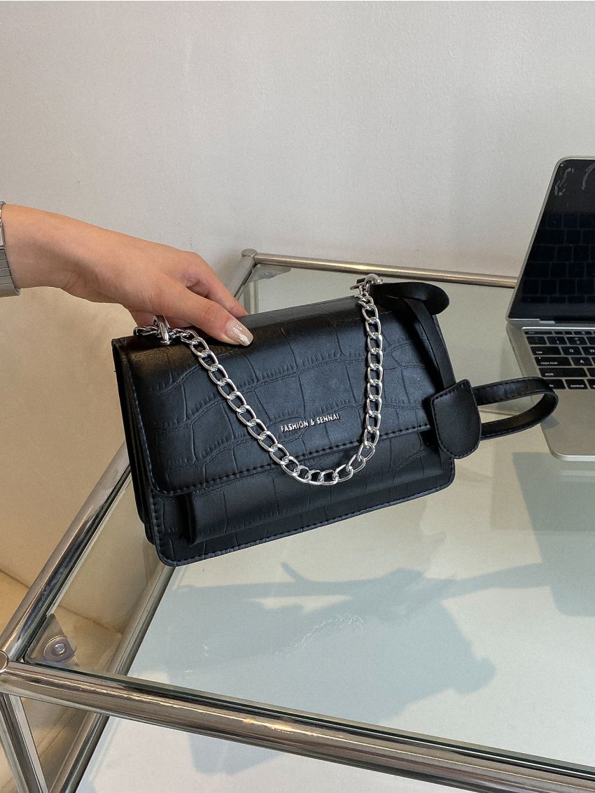 Croc Embossed Chain Shoulder Bag