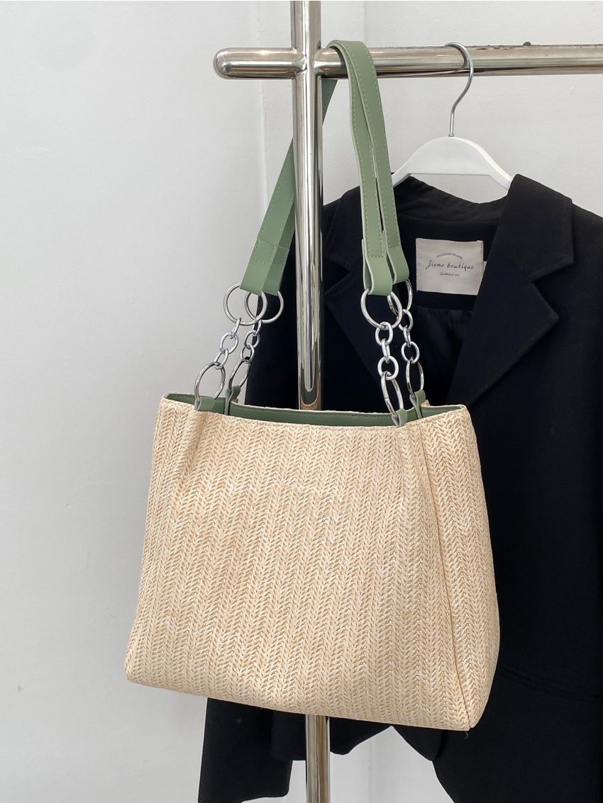 Letter Patch Decor Straw Bag