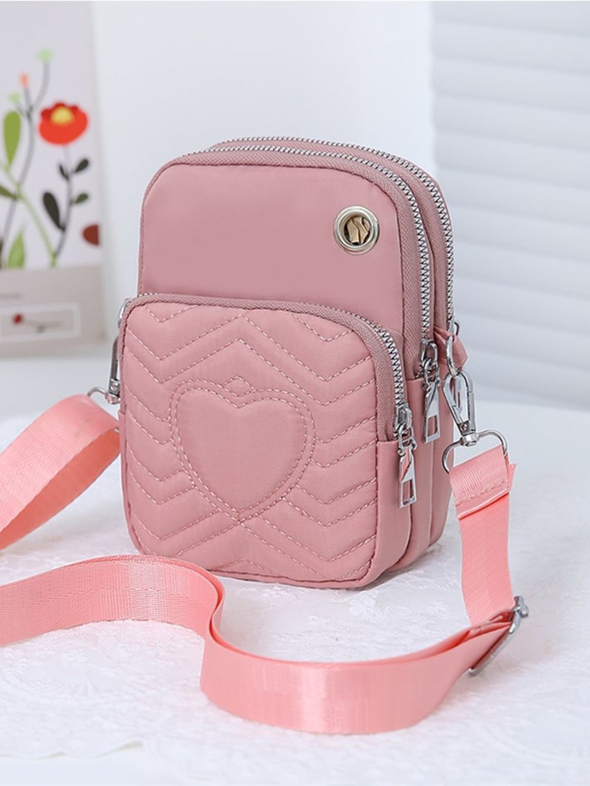 Heart Embroidery Phone Bag, Multi Zipper Crossbody Bag With Earphone Hole, Women's Small Purse