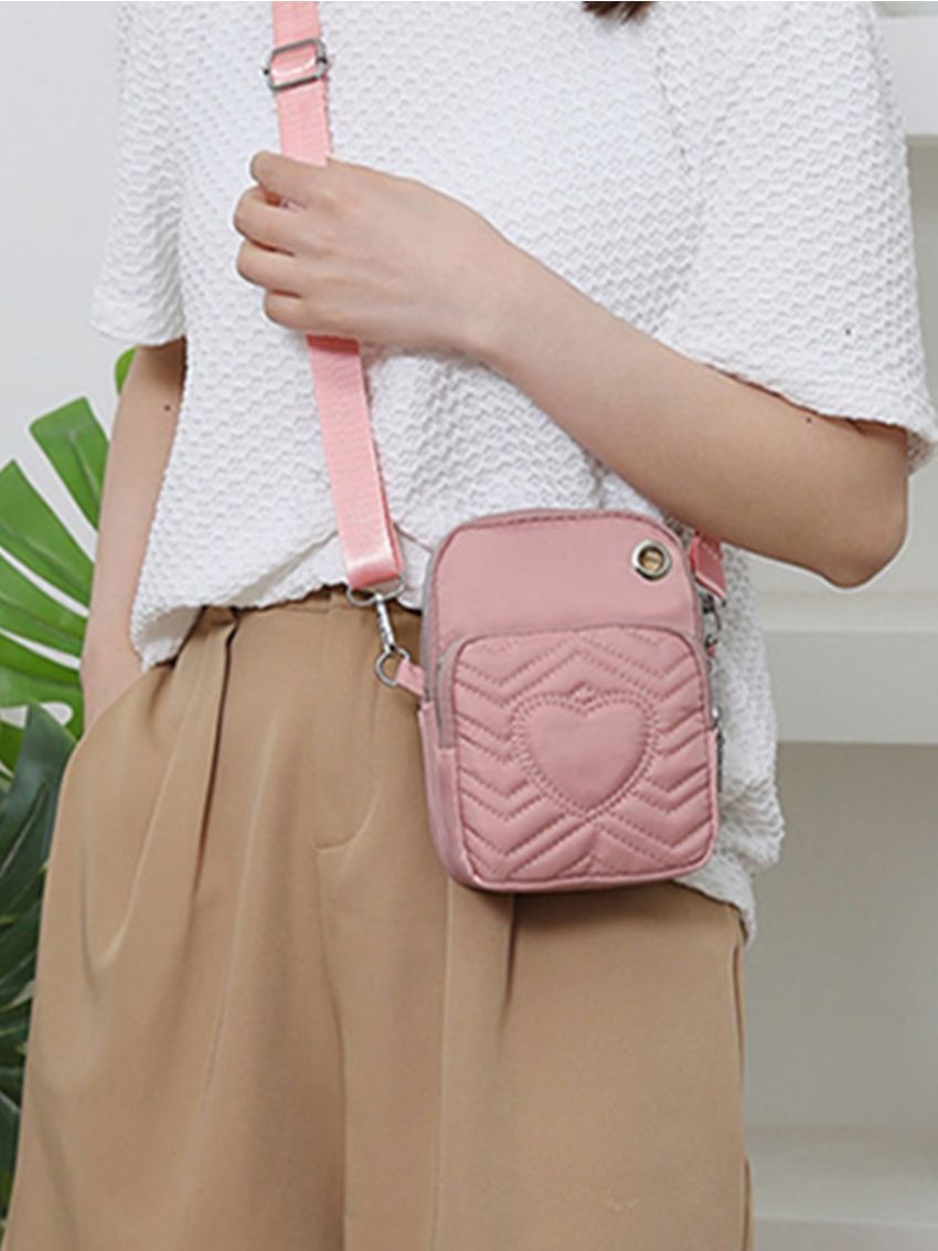 Heart Embroidery Phone Bag, Multi Zipper Crossbody Bag With Earphone Hole, Women's Small Purse