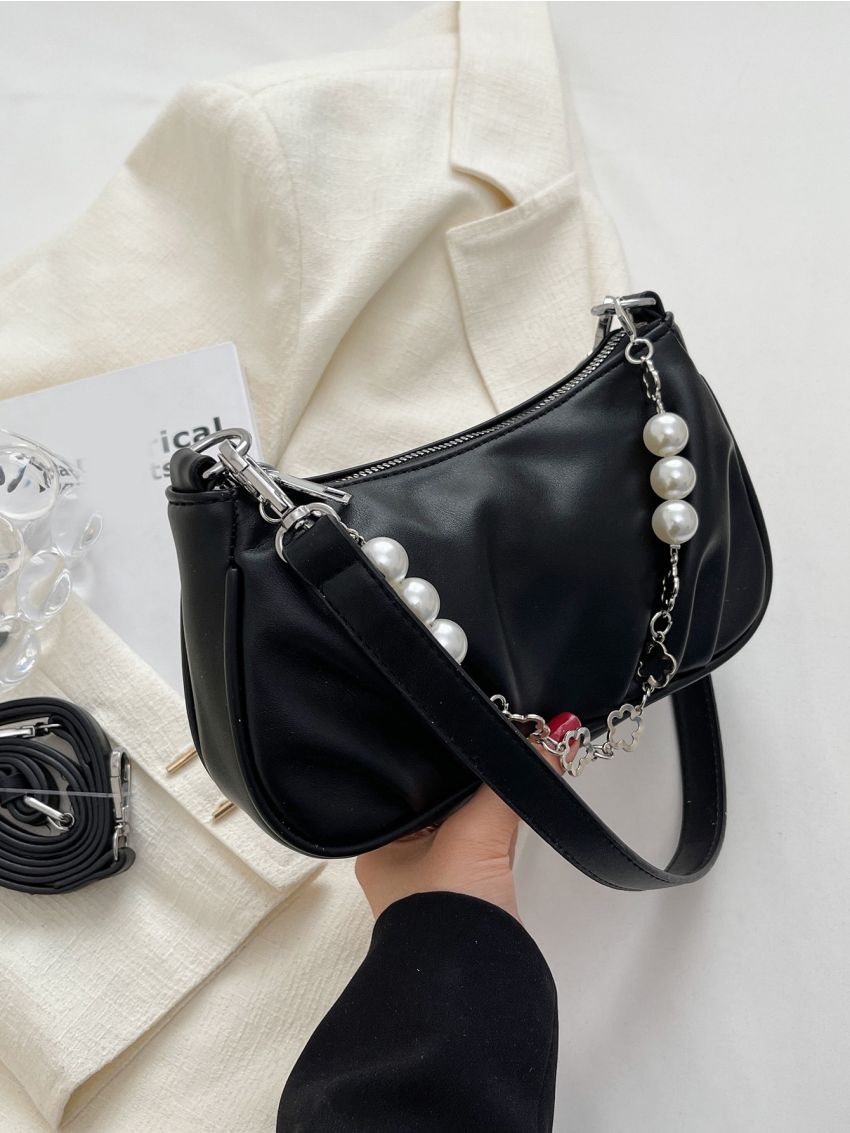 Chain & Faux Pearl Decor Ruched Detail Baguette Bag