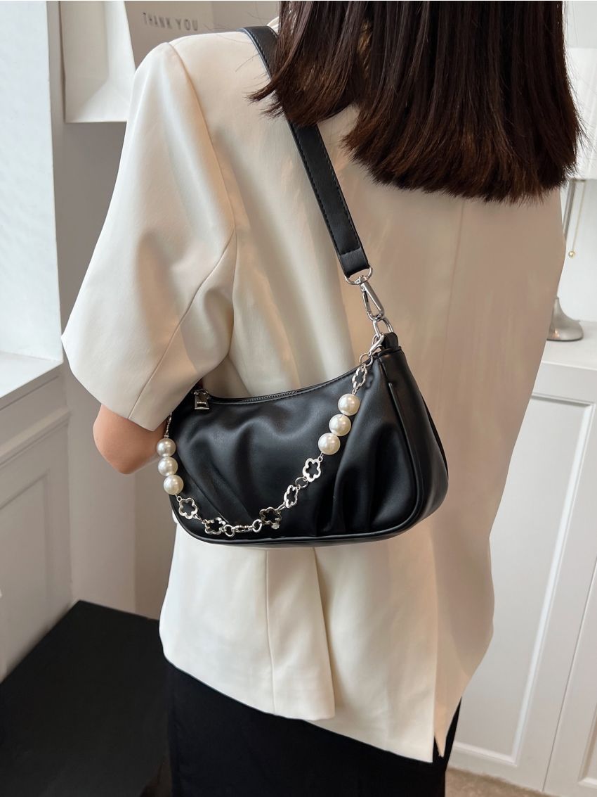 Chain & Faux Pearl Decor Ruched Detail Baguette Bag