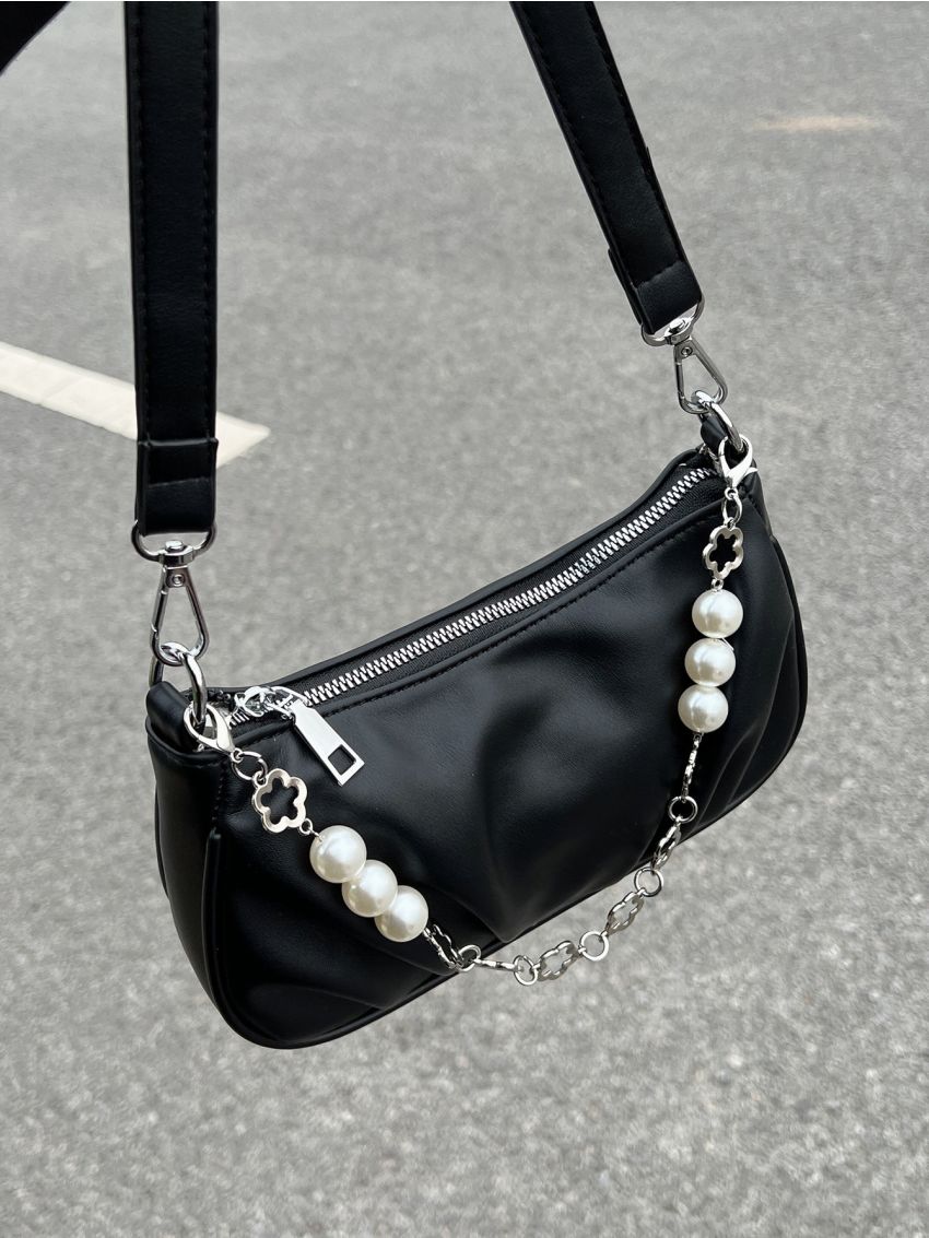 Chain & Faux Pearl Decor Ruched Detail Baguette Bag