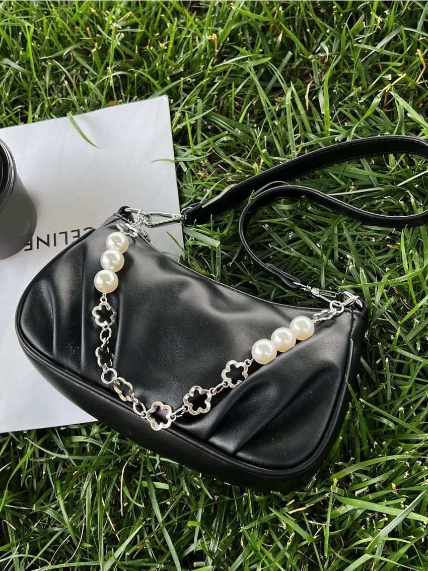 Chain & Faux Pearl Decor Ruched Detail Baguette Bag