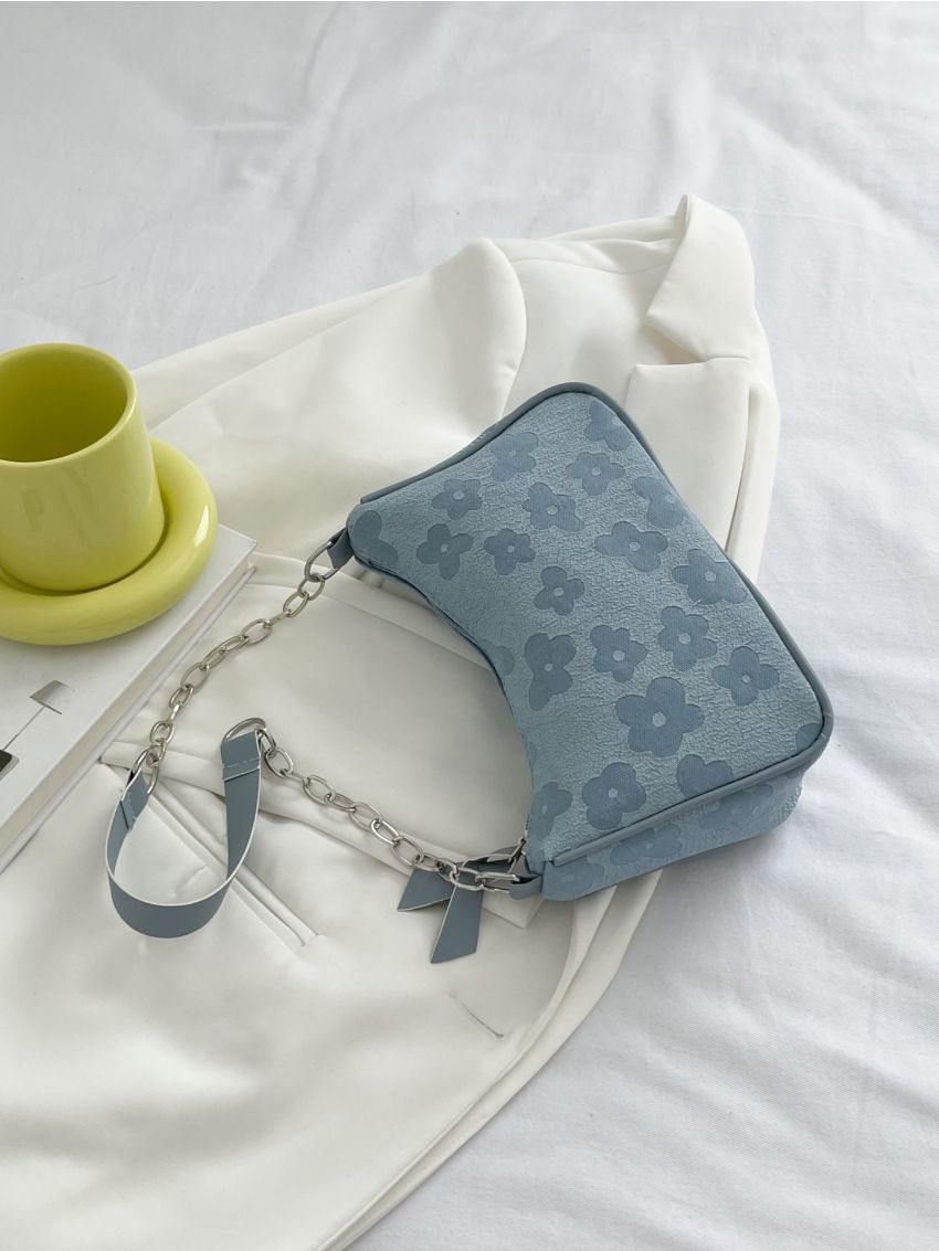 Floral Pattern Chain Baguette Bag