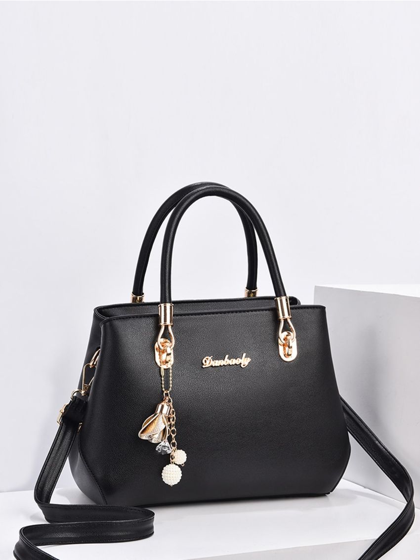 Letter Decor Satchel Bag With Flower Bag Charm