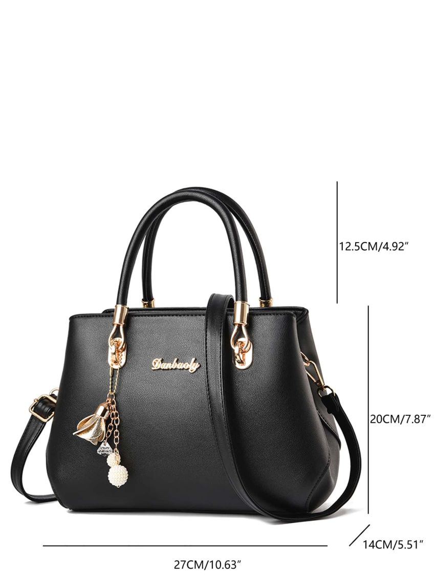 Letter Decor Satchel Bag With Flower Bag Charm