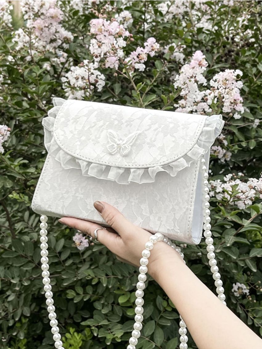 Butterfly Appliques Faux Pearl Decor Frill Trim Square Bag